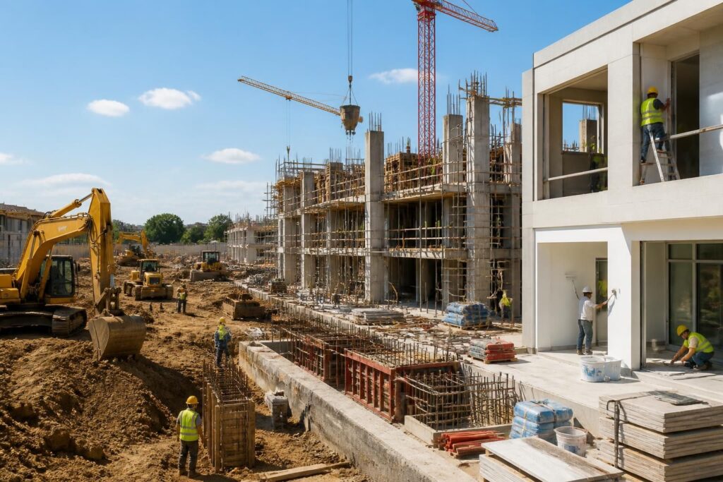 découvrez les étapes clés d'un chantier de construction, du terrassement initial aux finitions soignées, pour comprendre le processus complet de réalisation d'un bâtiment.